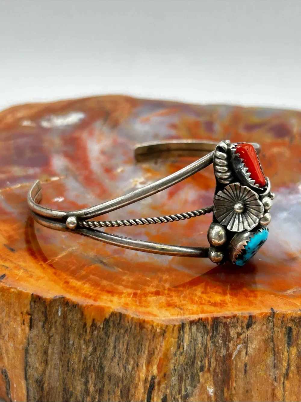 Southwest Sterling Silver Bangle with Turquoise and Coral Stones
